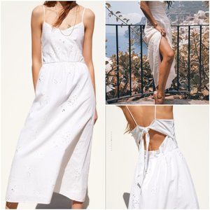ZARA White Fully Lined Linen Openwork Embroidery Eyelet Midi Maxi Dress $69.90